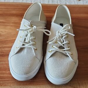 Tommy Hilfiger Cream Canvas Lace-Up Sneakers with Gold Eyelets